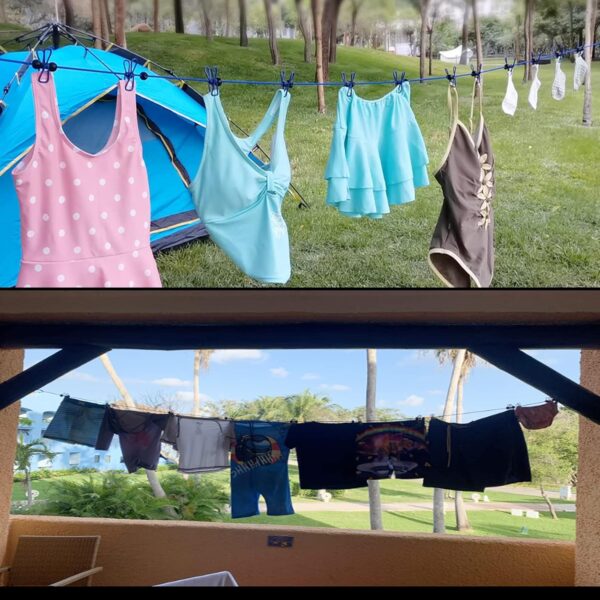 Portable Travel Clothes Line with 12 Clothespins, Windproof Travel Clothesline Stretchy Elastic for Indoor Laundry Drying line,Outdoor Camping Accessories (Black)