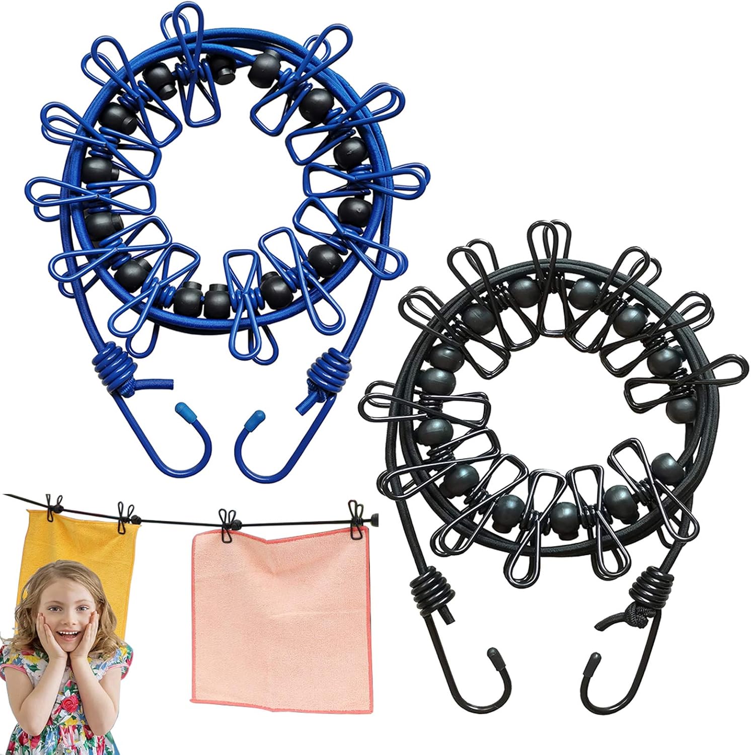 Portable Travel Clothes Line with 12 Clothespins, Windproof Travel Clothesline Stretchy Elastic for Indoor Laundry Drying line,Outdoor Camping Accessories (Black)