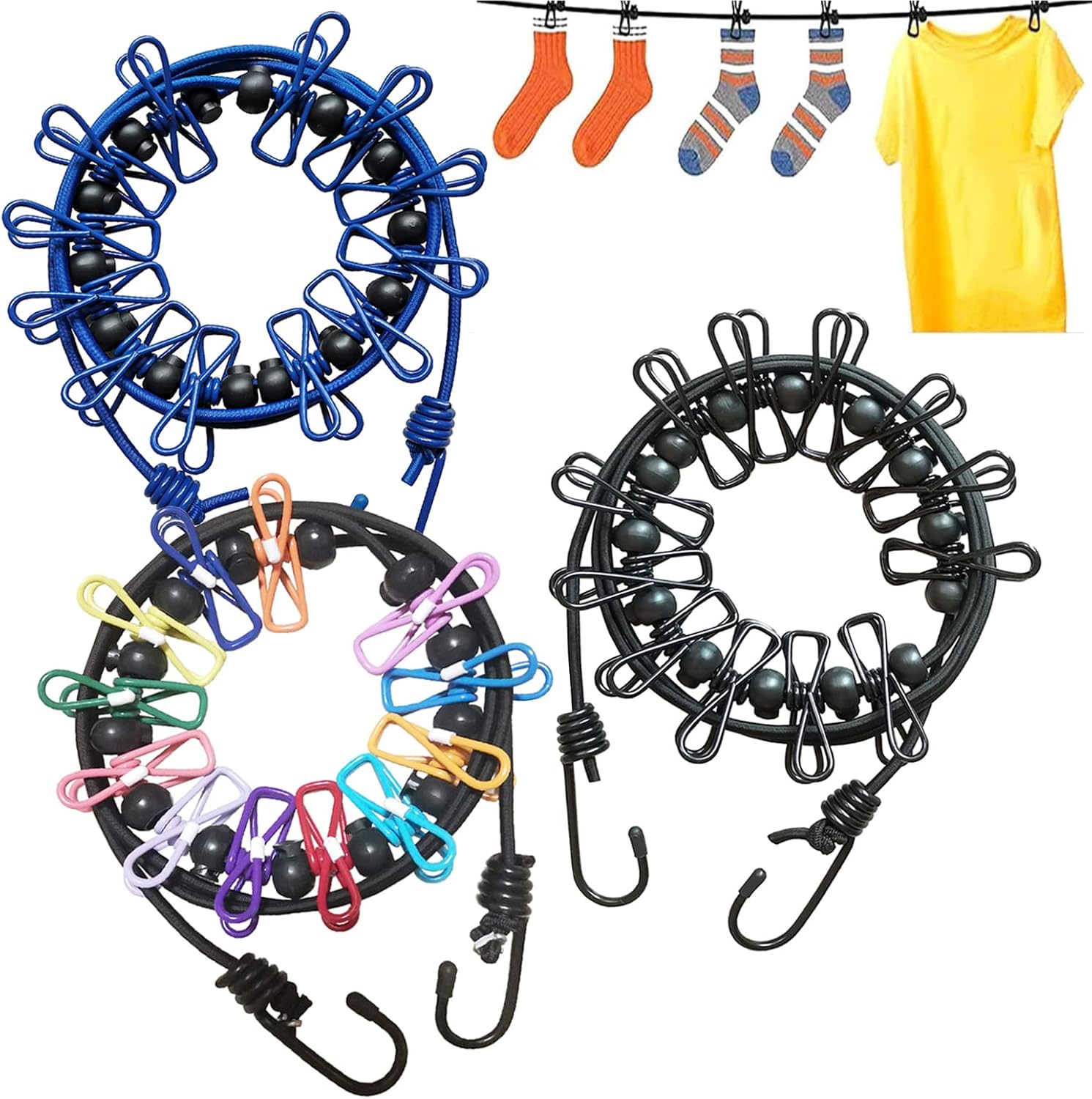 Portable Travel Clothes Line with 12 Clothespins, Windproof Travel Clothesline Stretchy Elastic for Indoor Laundry Drying line,Outdoor Camping Accessories (Black)