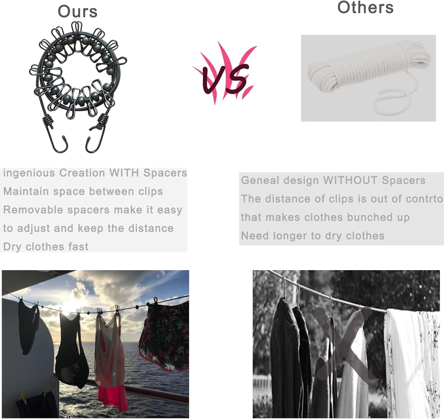 Portable Travel Clothes Line with 12 Clothespins, Windproof Travel Clothesline Stretchy Elastic for Indoor Laundry Drying line,Outdoor Camping Accessories (Black)