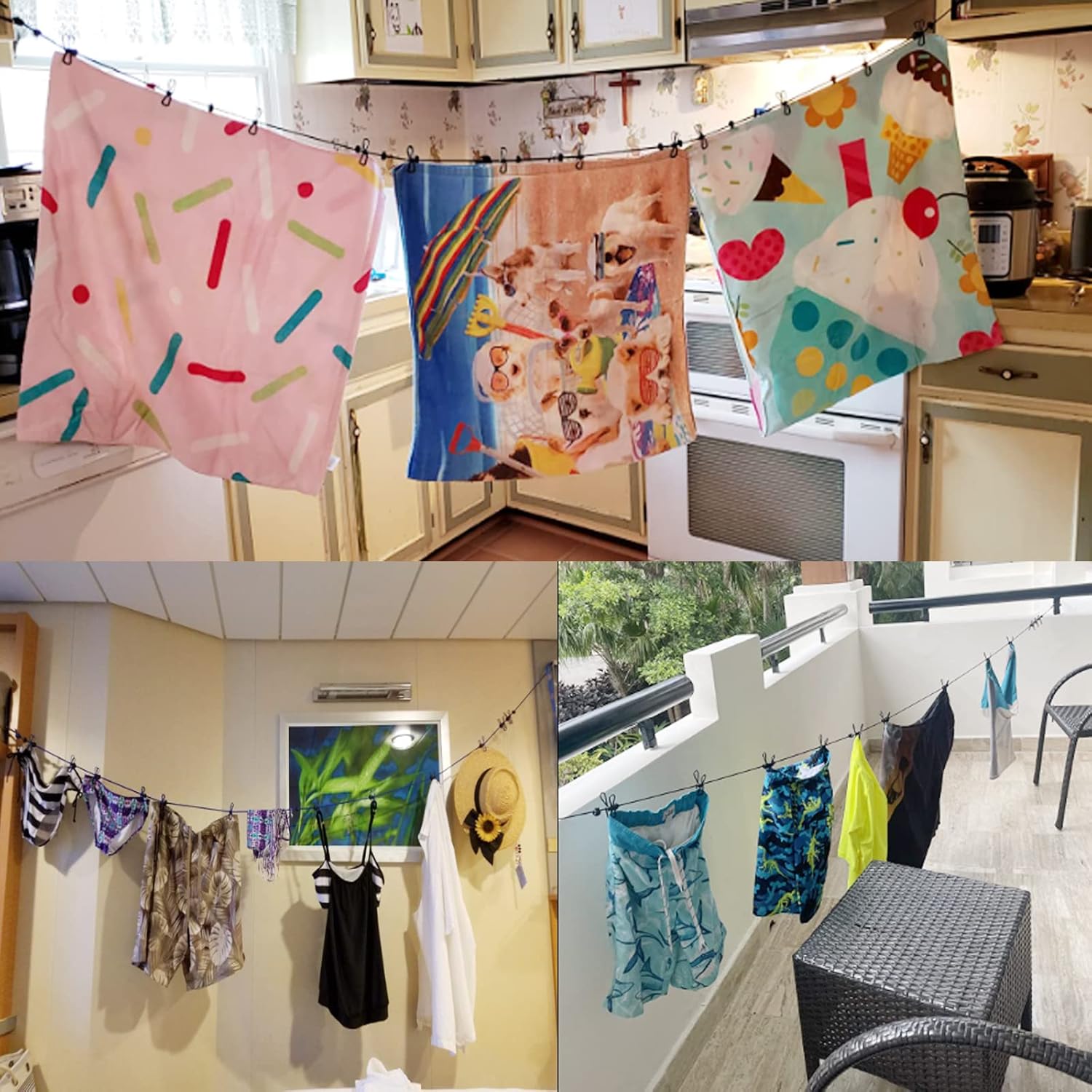 Portable Travel Clothes Line with 12 Clothespins, Windproof Travel Clothesline Stretchy Elastic for Indoor Laundry Drying line,Outdoor Camping Accessories (Black)