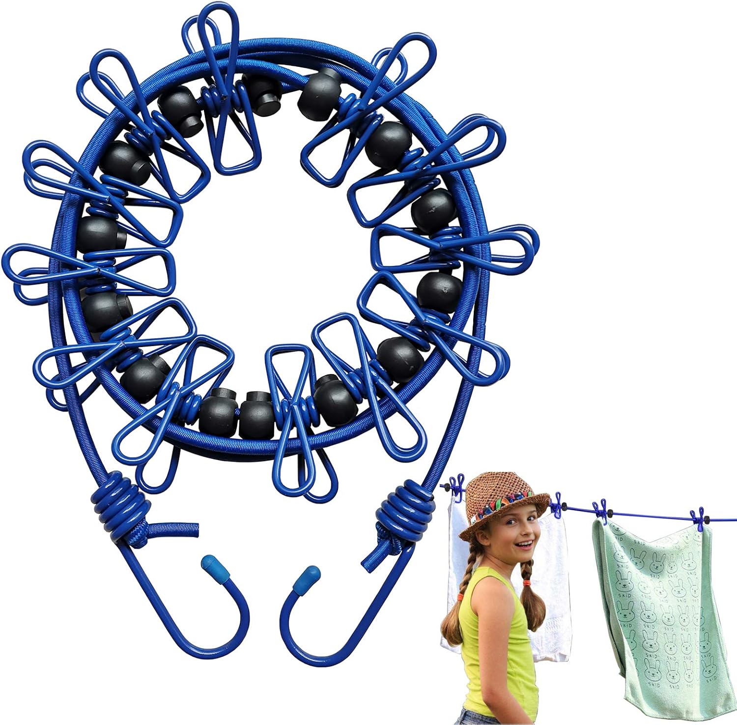 Portable Travel Clothes Line with 12 Clothespins, Windproof Travel Clothesline Stretchy Elastic for Indoor Laundry Drying line,Outdoor Camping Accessories (Black)