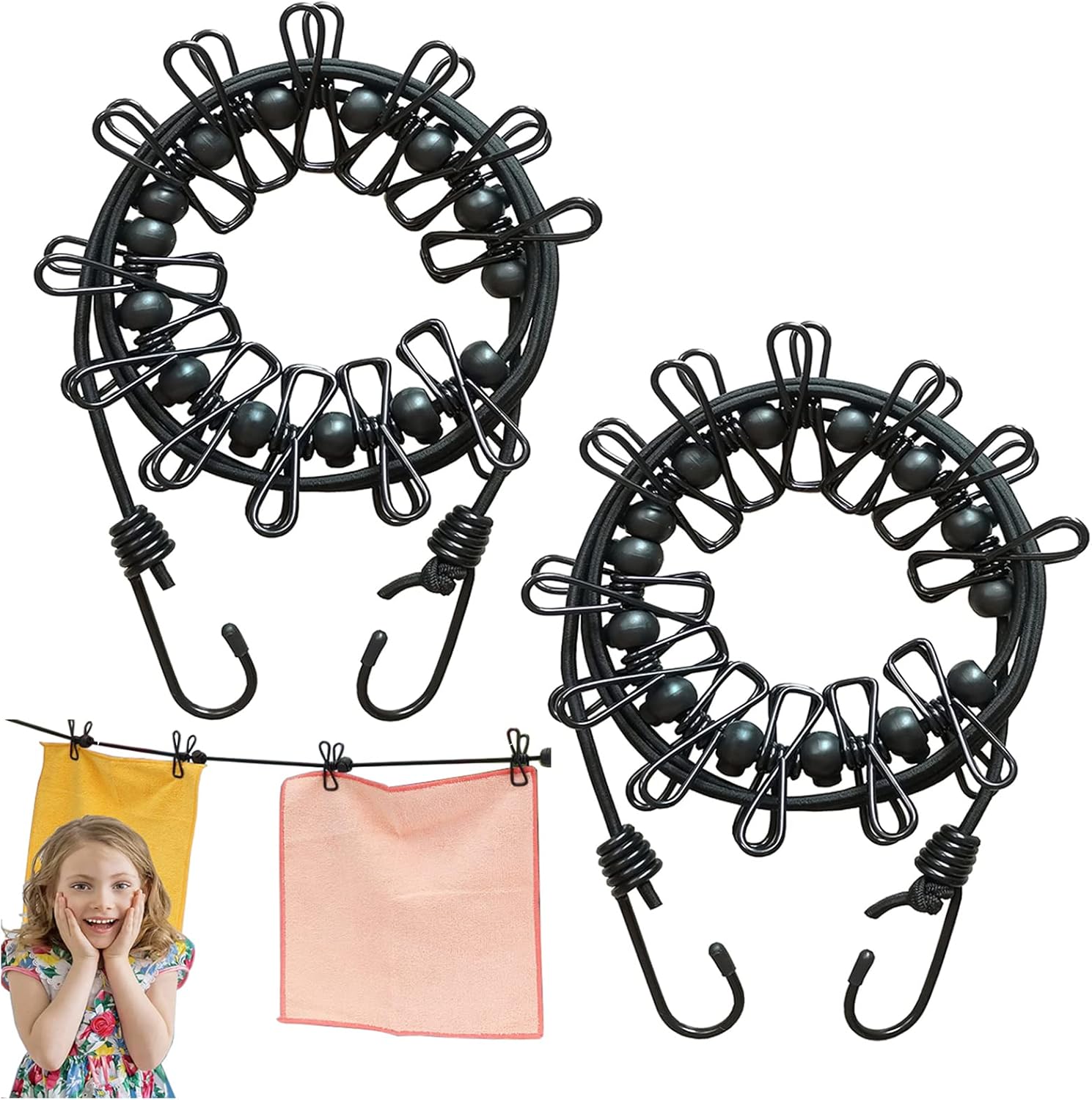 Portable Travel Clothes Line with 12 Clothespins, Windproof Travel Clothesline Stretchy Elastic for Indoor Laundry Drying line,Outdoor Camping Accessories (Black)