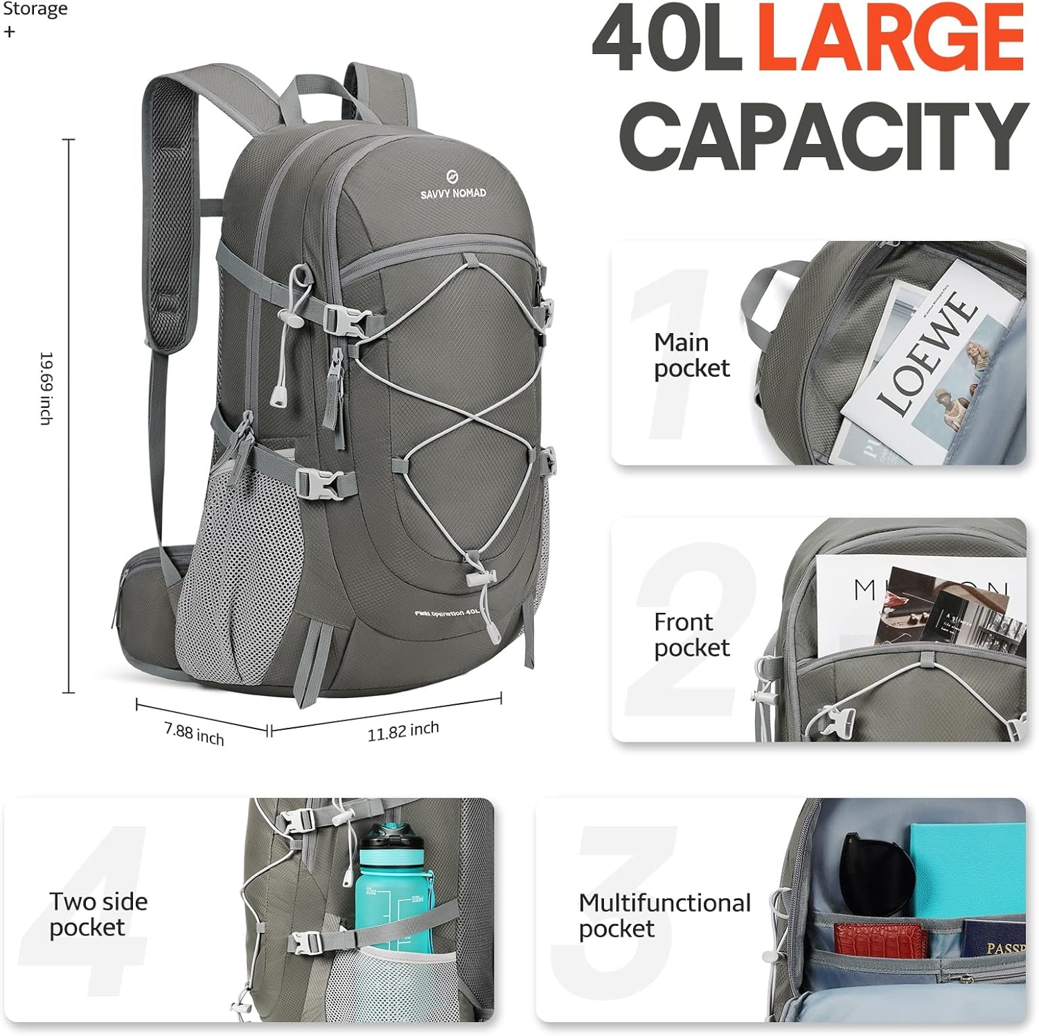 SAVVY NOMAD 40L Hiking Travel Packable Lightweight Camping Backpack Daypack with Removable Belt Bag for Women Men