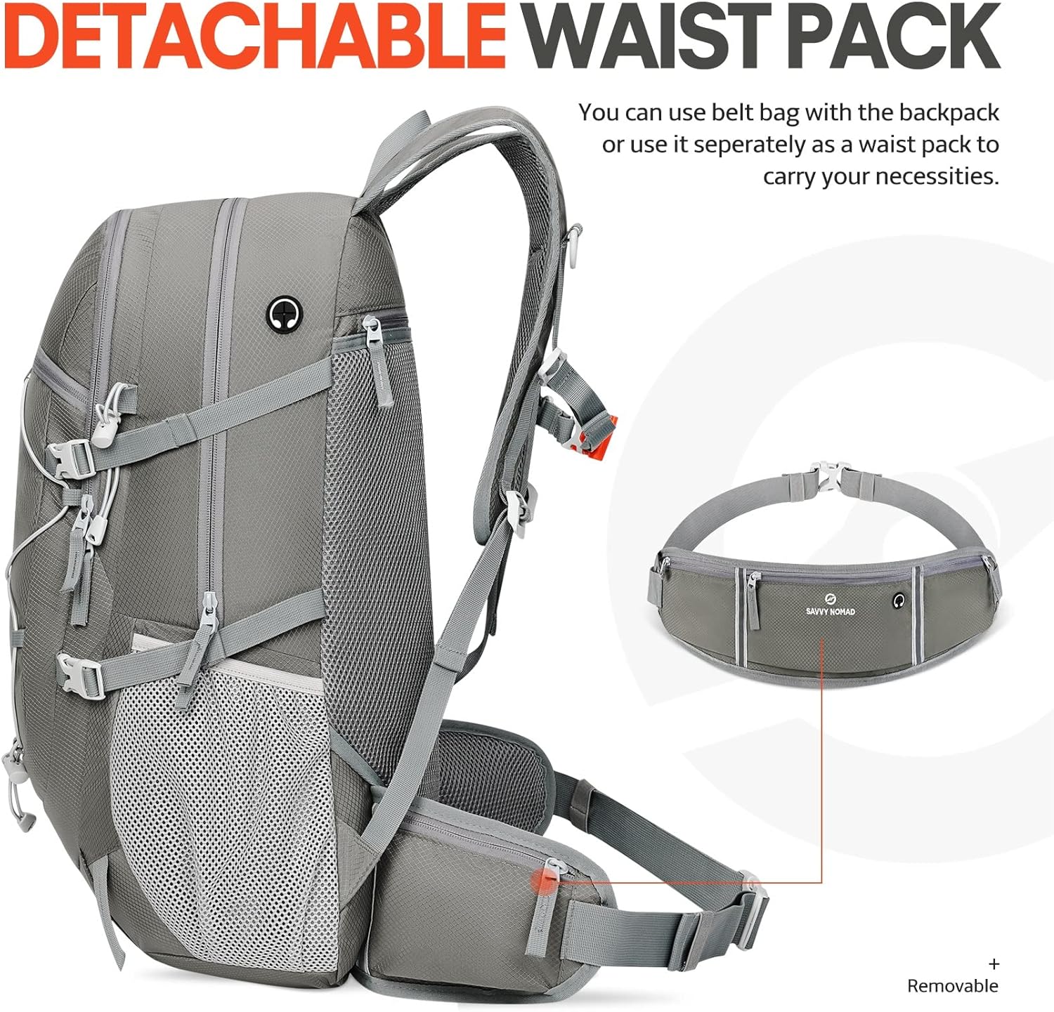 SAVVY NOMAD 40L Hiking Travel Packable Lightweight Camping Backpack Daypack with Removable Belt Bag for Women Men