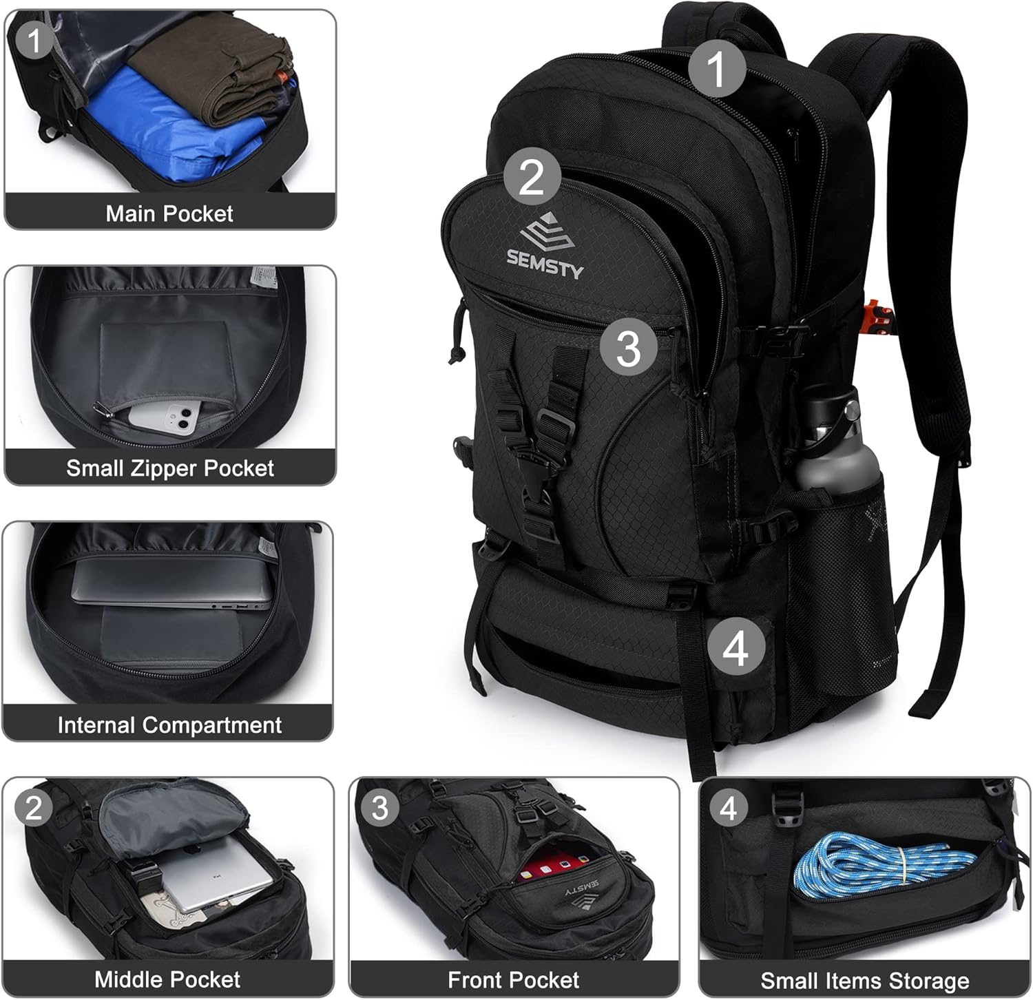 SEMSTY Hiking Backpack, 40L+10L Expandable Travel Backpack Flight Approved, Camping, Travel Backpack For Men and Women