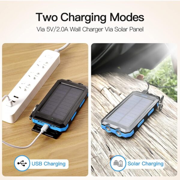 Solar Charger, Battery Pack, 20000mAh Portable Solar Power Bank with 2.1A USB-A Output Ports Compatible with iPhone, Samsung Galaxy, and More, Dual Emergency LED Flashlight Perfect for Hiking, Camping