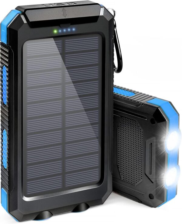 Solar Charger, Battery Pack, 20000mAh Portable Solar Power Bank with 2.1A USB-A Output Ports Compatible with iPhone, Samsung Galaxy, and More, Dual Emergency LED Flashlight Perfect for Hiking, Camping