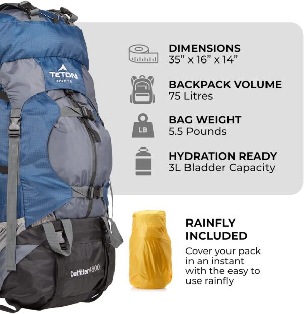 TETON Sports Outfitter 4600 Ultralight Internal Frame High-Performance Backpack for Hiking, Camping, Travel, and Outdoor Activities; 75L, Blue