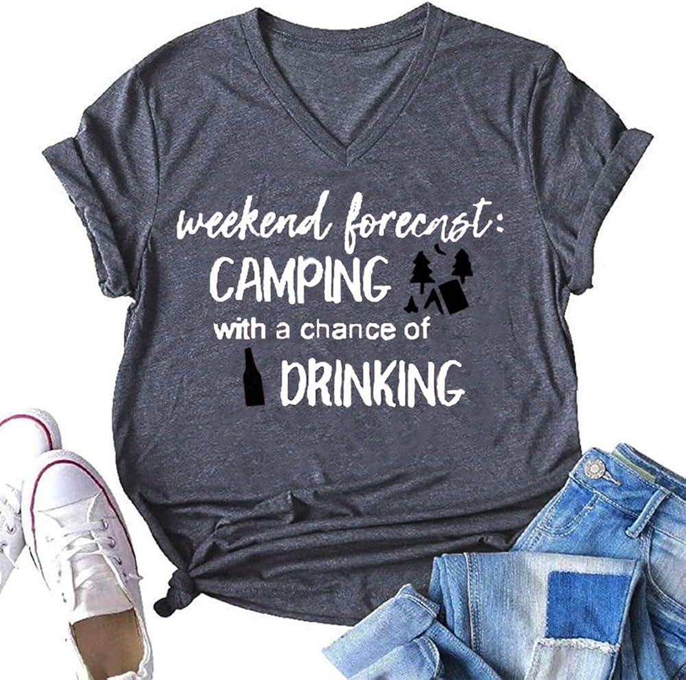 Weekend Forecast Camping Shirts Women Happy Camping Tshirt Funny Letter Graphic Print Tee Shirts V Neck Casual Top Blouse