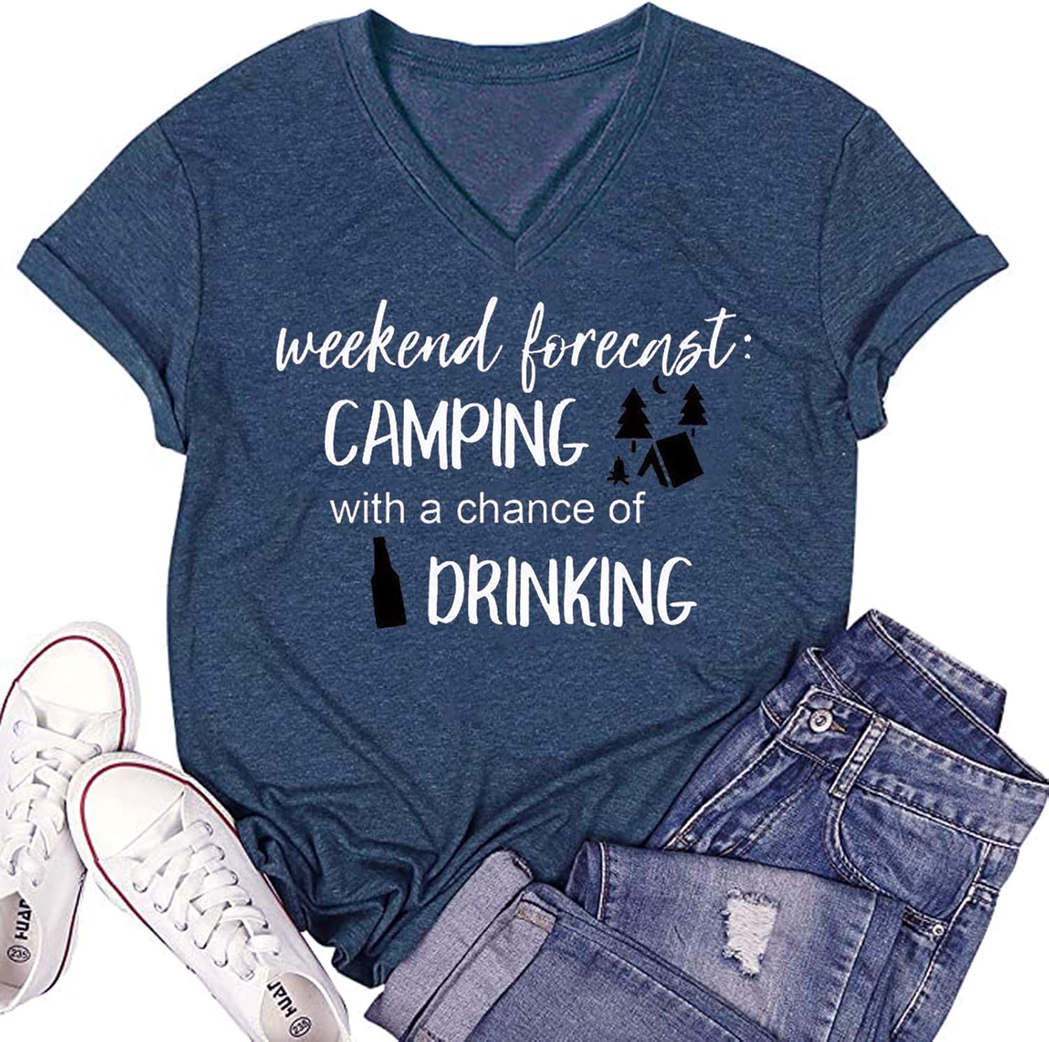 Weekend Forecast Camping Shirts Women Happy Camping Tshirt Funny Letter Graphic Print Tee Shirts V Neck Casual Top Blouse