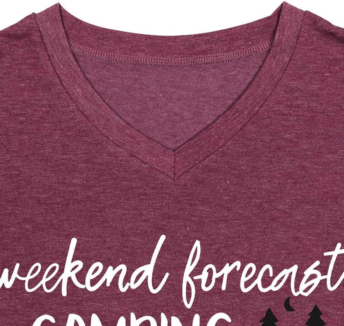 Weekend Forecast Camping Shirts Women Happy Camping Tshirt Funny Letter Graphic Print Tee Shirts V Neck Casual Top Blouse