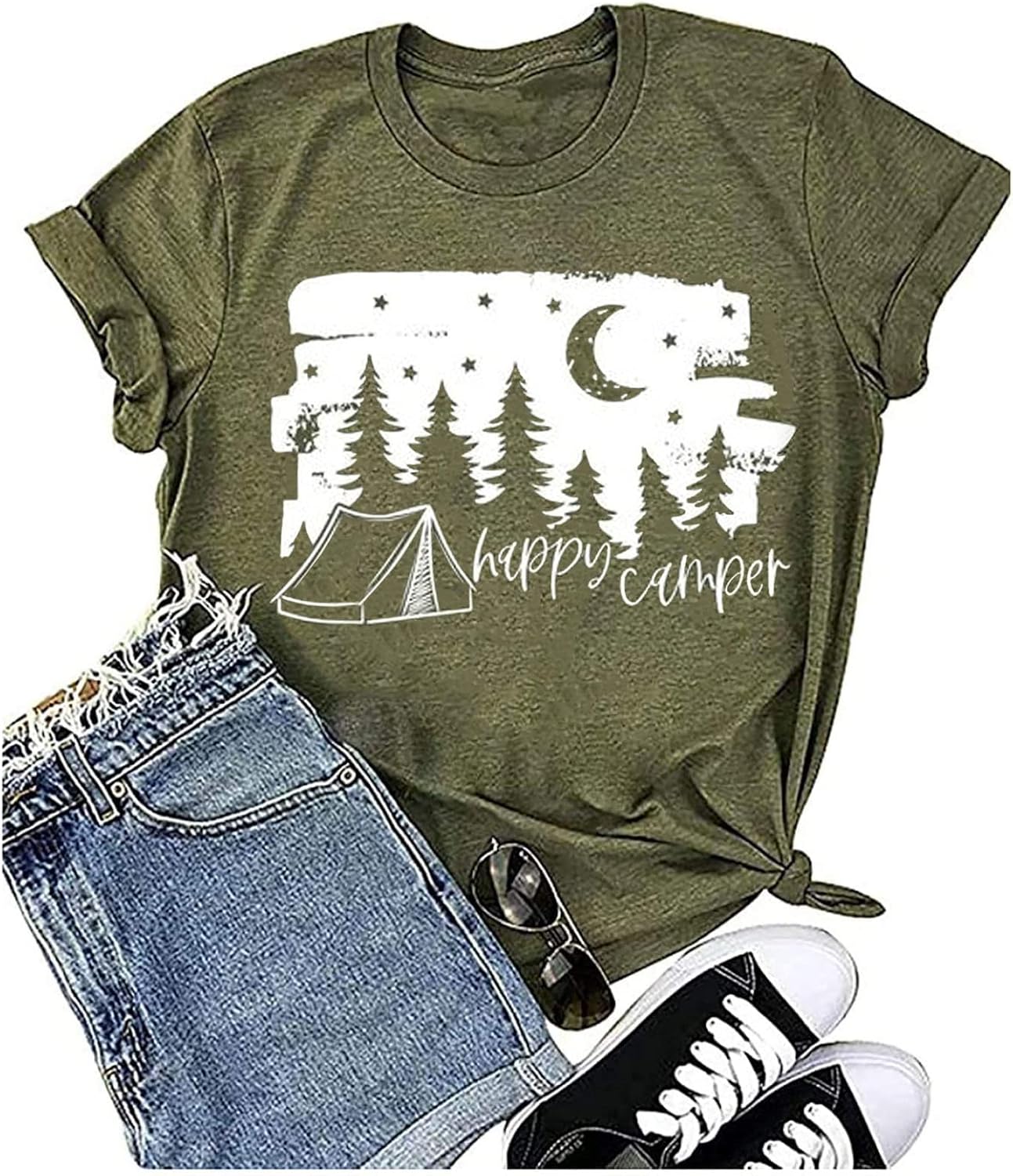 Weekend Forecast Camping Shirts Women Happy Camping Tshirt Funny Letter Graphic Print Tee Shirts V Neck Casual Top Blouse