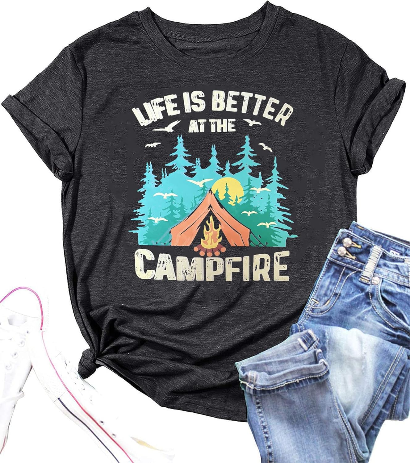 Weekend Forecast Camping Shirts Women Happy Camping Tshirt Funny Letter Graphic Print Tee Shirts V Neck Casual Top Blouse
