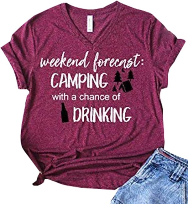 Weekend Forecast Camping Shirts Women Happy Camping Tshirt Funny Letter Graphic Print Tee Shirts V Neck Casual Top Blouse