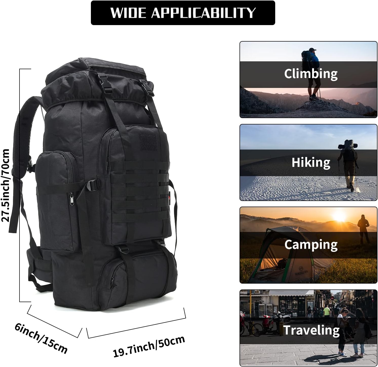 WintMing 70L Camping Hiking Backpack Molle Rucksack Waterproof Traveling Daypack