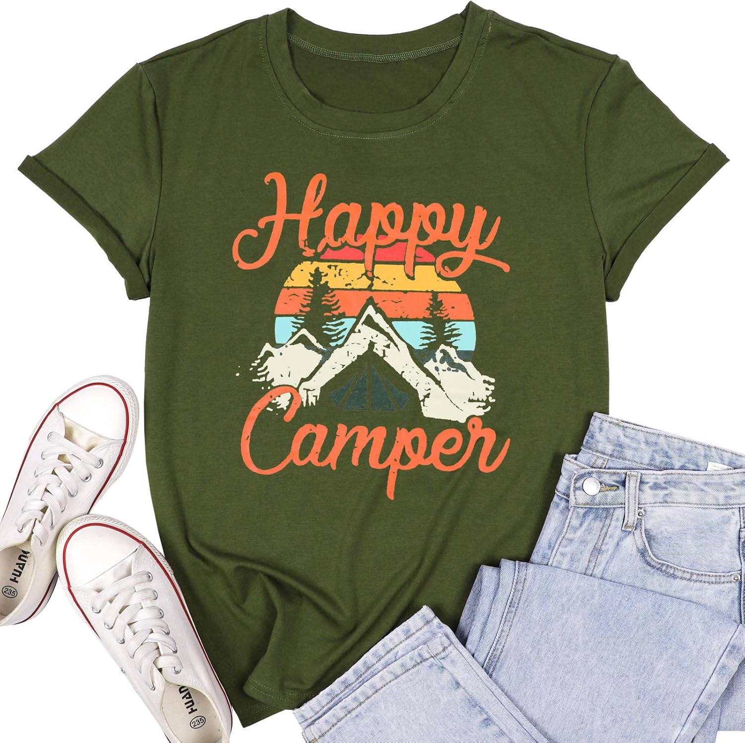 Womens Summer Tops Happy Camper Shirt for Women Funny Graphic Tee Short Sleeve Letter Print Casual Tee Shirts