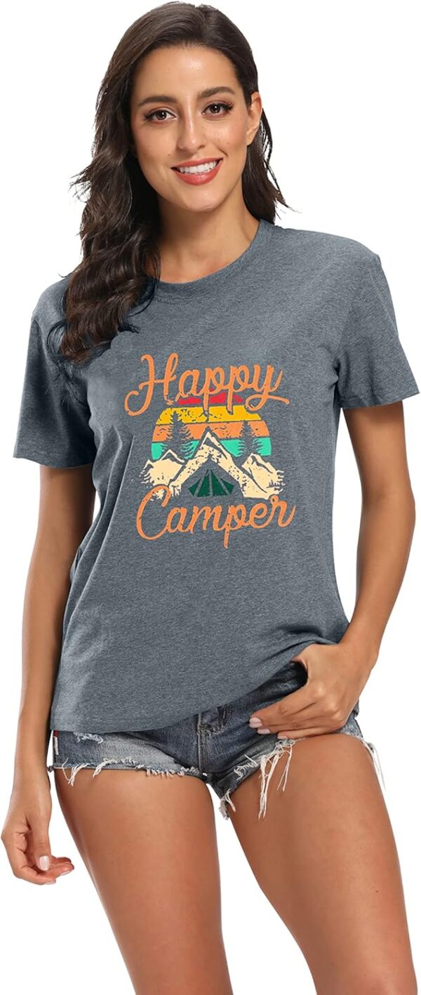 Womens Summer Tops Happy Camper Shirt for Women Funny Graphic Tee Short Sleeve Letter Print Casual Tee Shirts