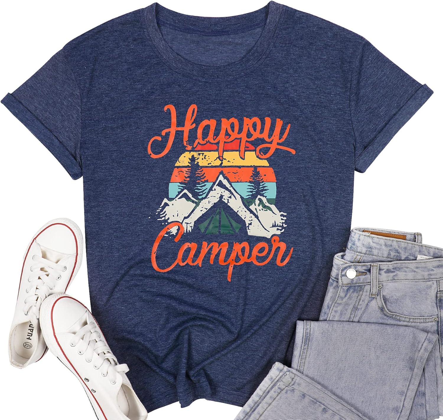 Womens Summer Tops Happy Camper Shirt for Women Funny Graphic Tee Short Sleeve Letter Print Casual Tee Shirts
