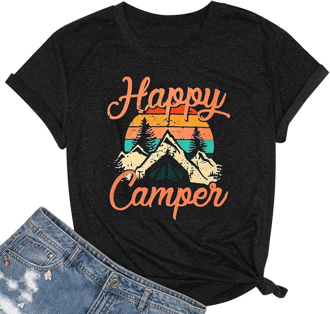 Womens Summer Tops Happy Camper Shirt for Women Funny Graphic Tee Short Sleeve Letter Print Casual Tee Shirts