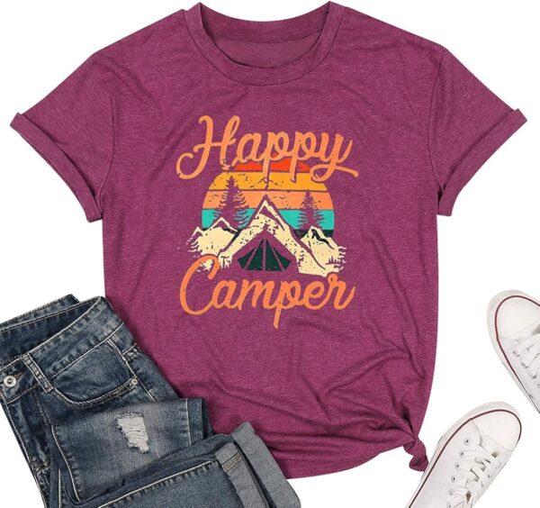 Womens Summer Tops Happy Camper Shirt for Women Funny Graphic Tee Short Sleeve Letter Print Casual Tee Shirts