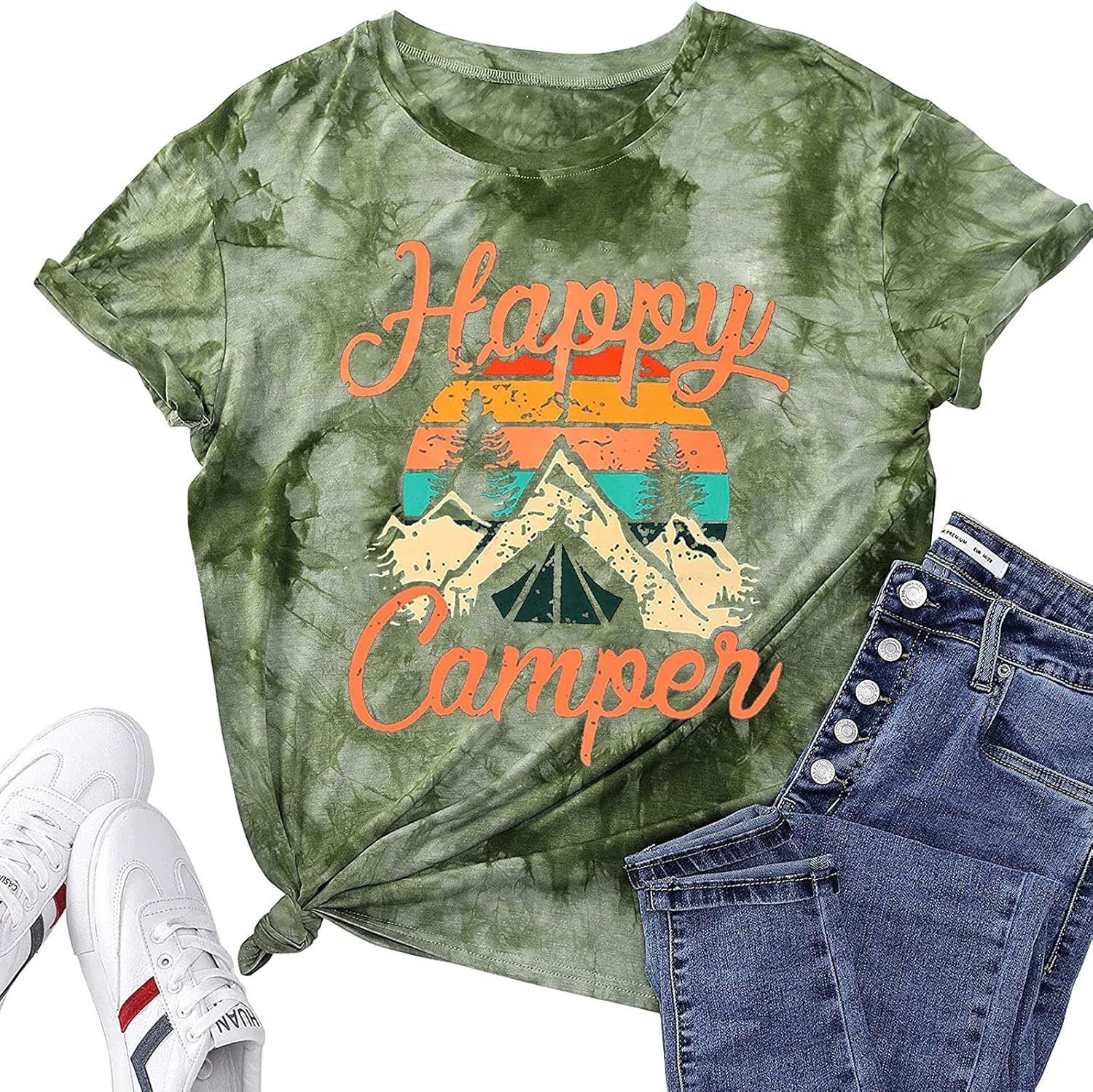 Womens Summer Tops Happy Camper Shirt for Women Funny Graphic Tee Short Sleeve Letter Print Casual Tee Shirts