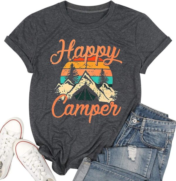 Womens Summer Tops Happy Camper Shirt for Women Funny Graphic Tee Short Sleeve Letter Print Casual Tee Shirts