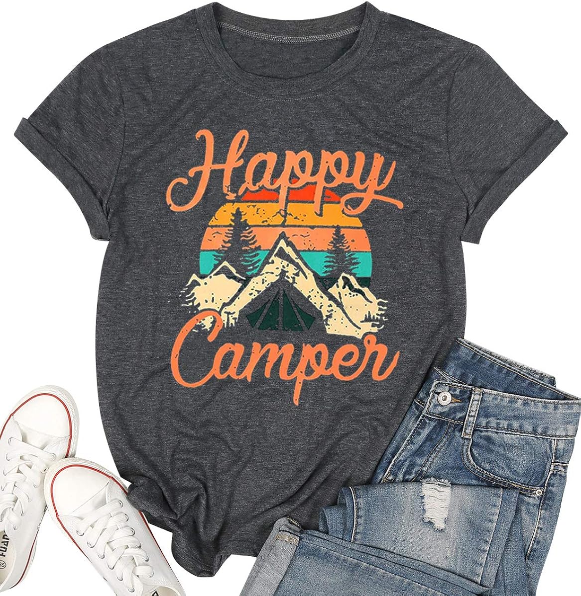 Womens Summer Tops Happy Camper Shirt for Women Funny Graphic Tee Short Sleeve Letter Print Casual Tee Shirts