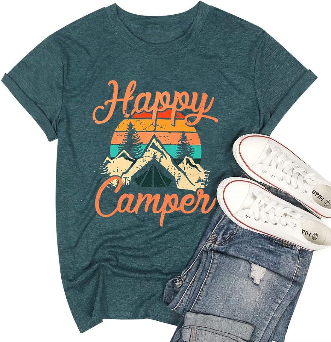 Womens Summer Tops Happy Camper Shirt for Women Funny Graphic Tee Short Sleeve Letter Print Casual Tee Shirts