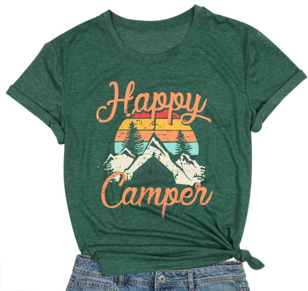 Womens Summer Tops Happy Camper Shirt for Women Funny Graphic Tee Short Sleeve Letter Print Casual Tee Shirts