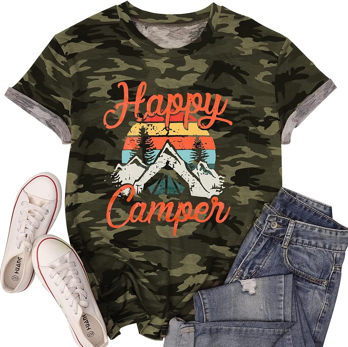 Womens Summer Tops Happy Camper Shirt for Women Funny Graphic Tee Short Sleeve Letter Print Casual Tee Shirts