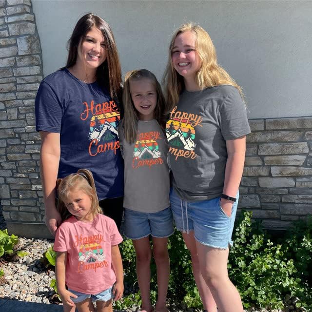 Womens Summer Tops Happy Camper Shirt for Women Funny Graphic Tee Short Sleeve Letter Print Casual Tee Shirts