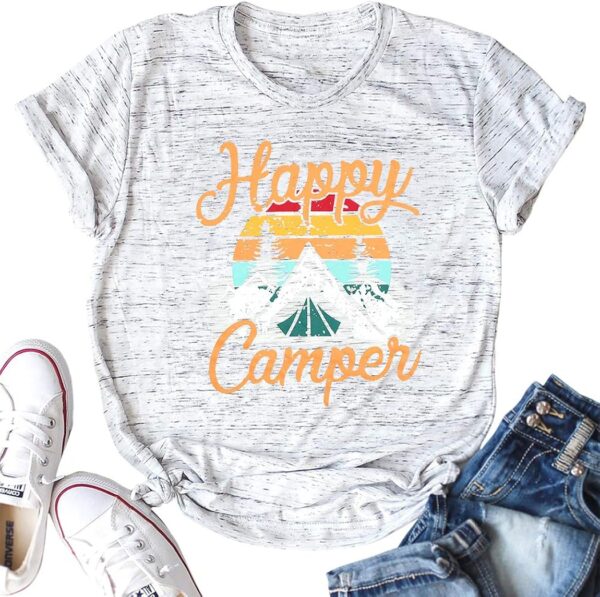 Womens Summer Tops Happy Camper Shirt for Women Funny Graphic Tee Short Sleeve Letter Print Casual Tee Shirts