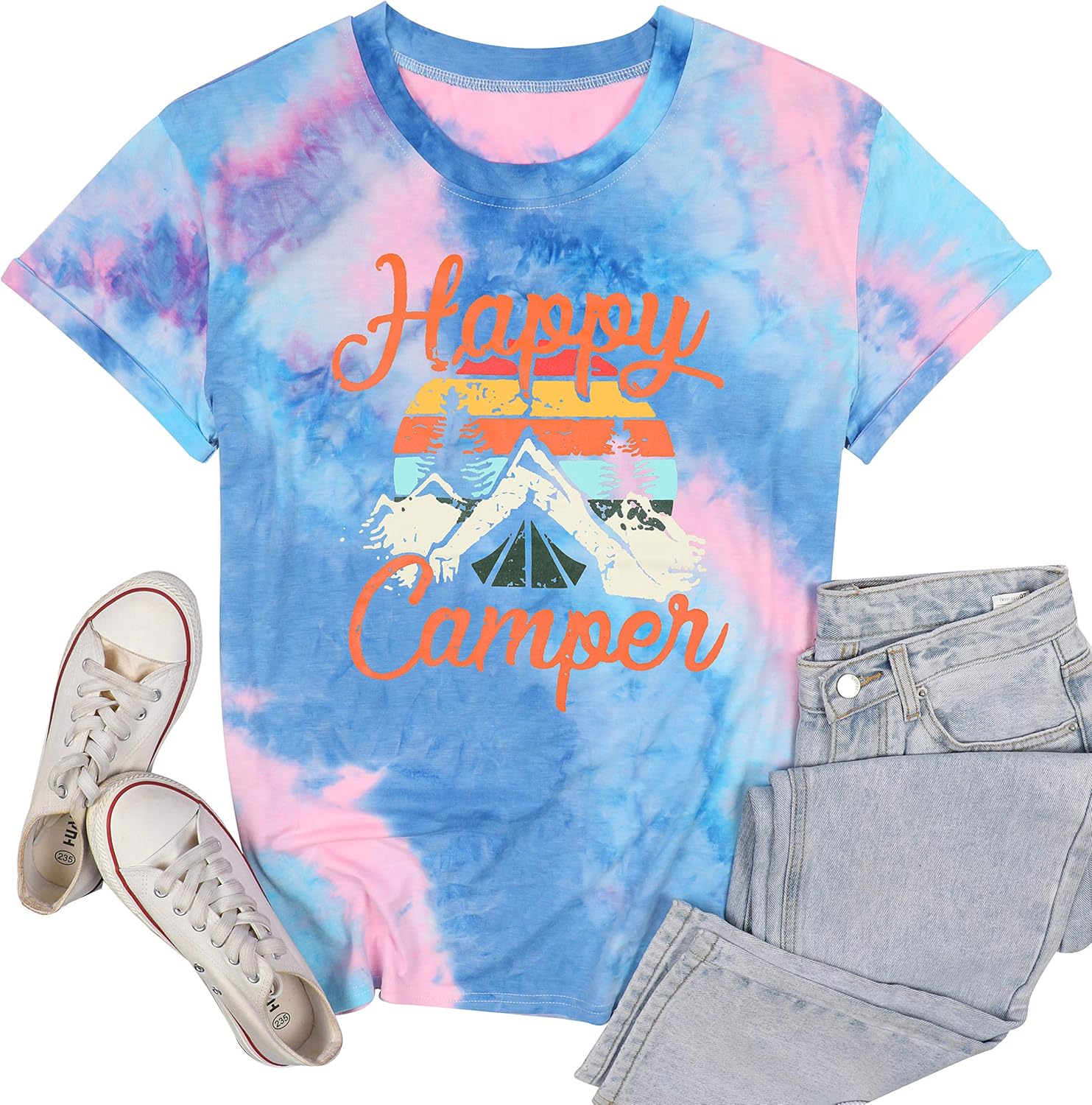 Womens Summer Tops Happy Camper Shirt for Women Funny Graphic Tee Short Sleeve Letter Print Casual Tee Shirts