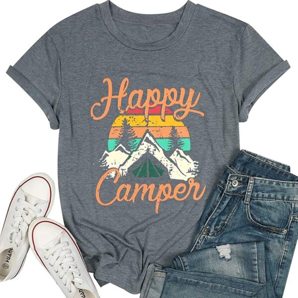 Womens Summer Tops Happy Camper Shirt for Women Funny Graphic Tee Short Sleeve Letter Print Casual Tee Shirts