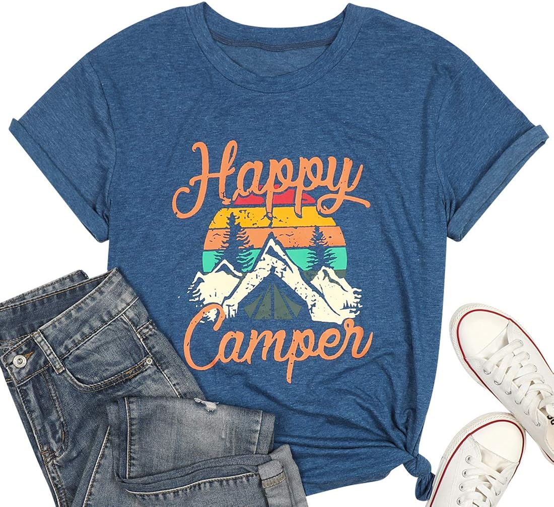 Womens Summer Tops Happy Camper Shirt for Women Funny Graphic Tee Short Sleeve Letter Print Casual Tee Shirts
