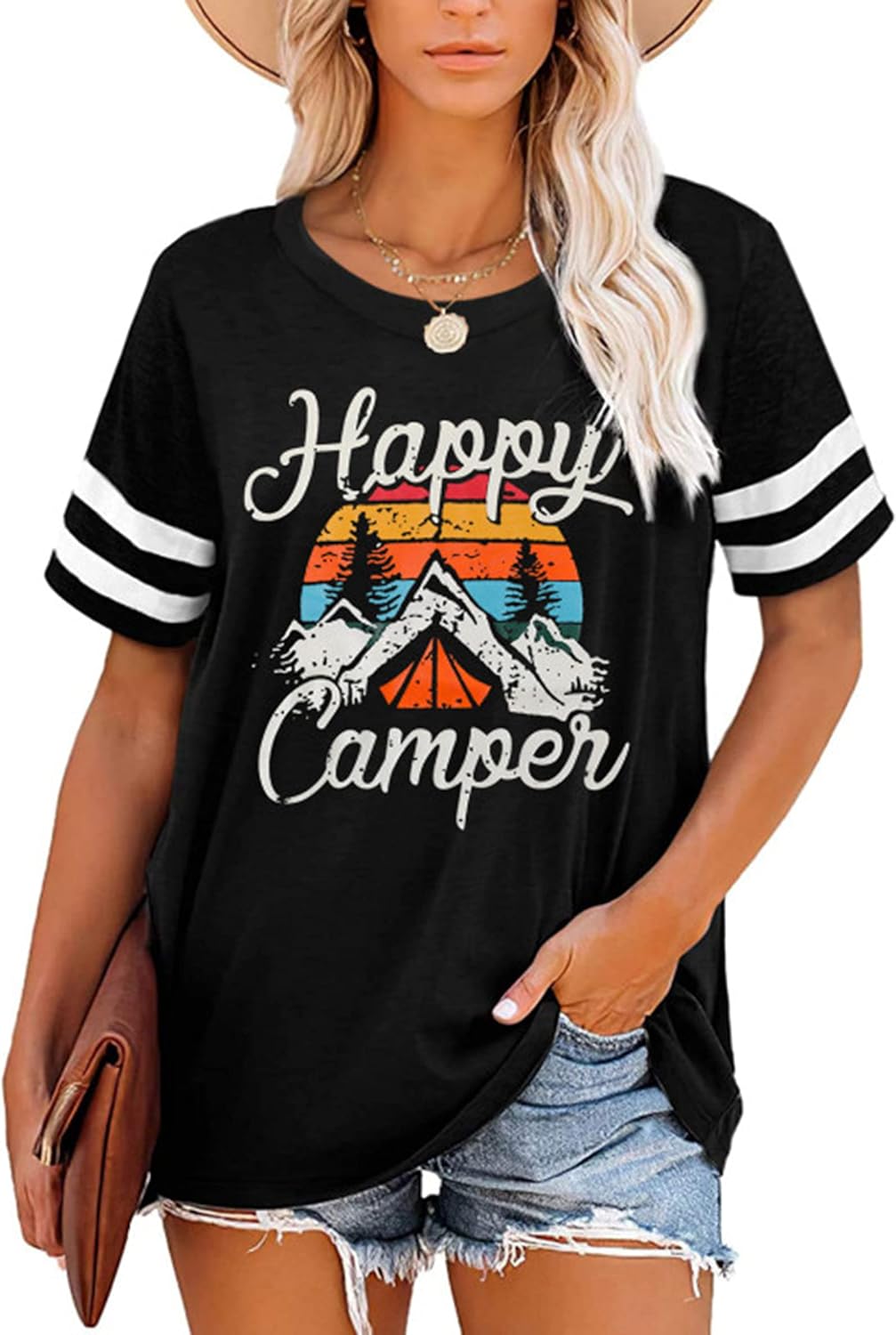 Womens Summer Tops Happy Camper Shirt for Women Funny Graphic Tee Short Sleeve Letter Print Casual Tee Shirts