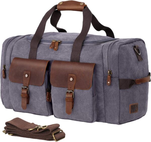 WOWBOX Duffle Bag Weekender Duffel Bag for Men and Women Genuine Leather Canvas Travel Overnight Carry on Bag with Shoes Compartment Grey