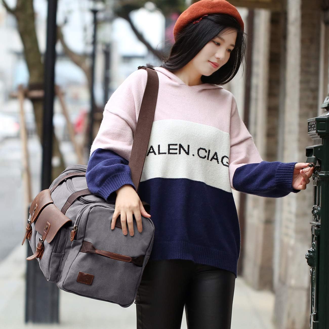 WOWBOX Duffle Bag Weekender Duffel Bag for Men and Women Genuine Leather Canvas Travel Overnight Carry on Bag with Shoes Compartment Grey