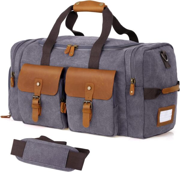 WOWBOX Duffle Bag Weekender Duffel Bag for Men and Women Genuine Leather Canvas Travel Overnight Carry on Bag with Shoes Compartment Grey