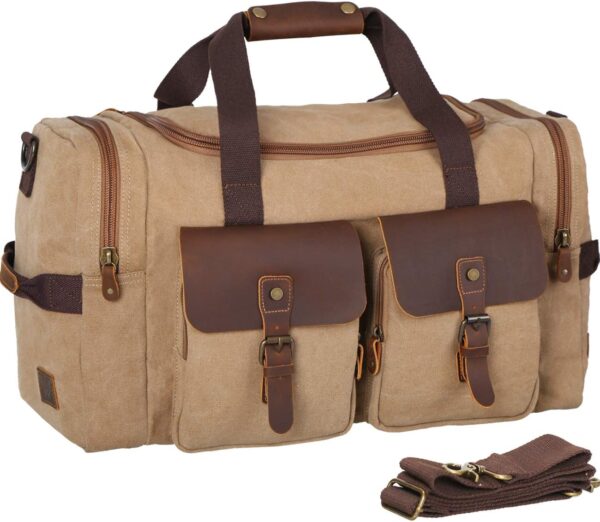 WOWBOX Duffle Bag Weekender Duffel Bag for Men and Women Genuine Leather Canvas Travel Overnight Carry on Bag with Shoes Compartment Grey